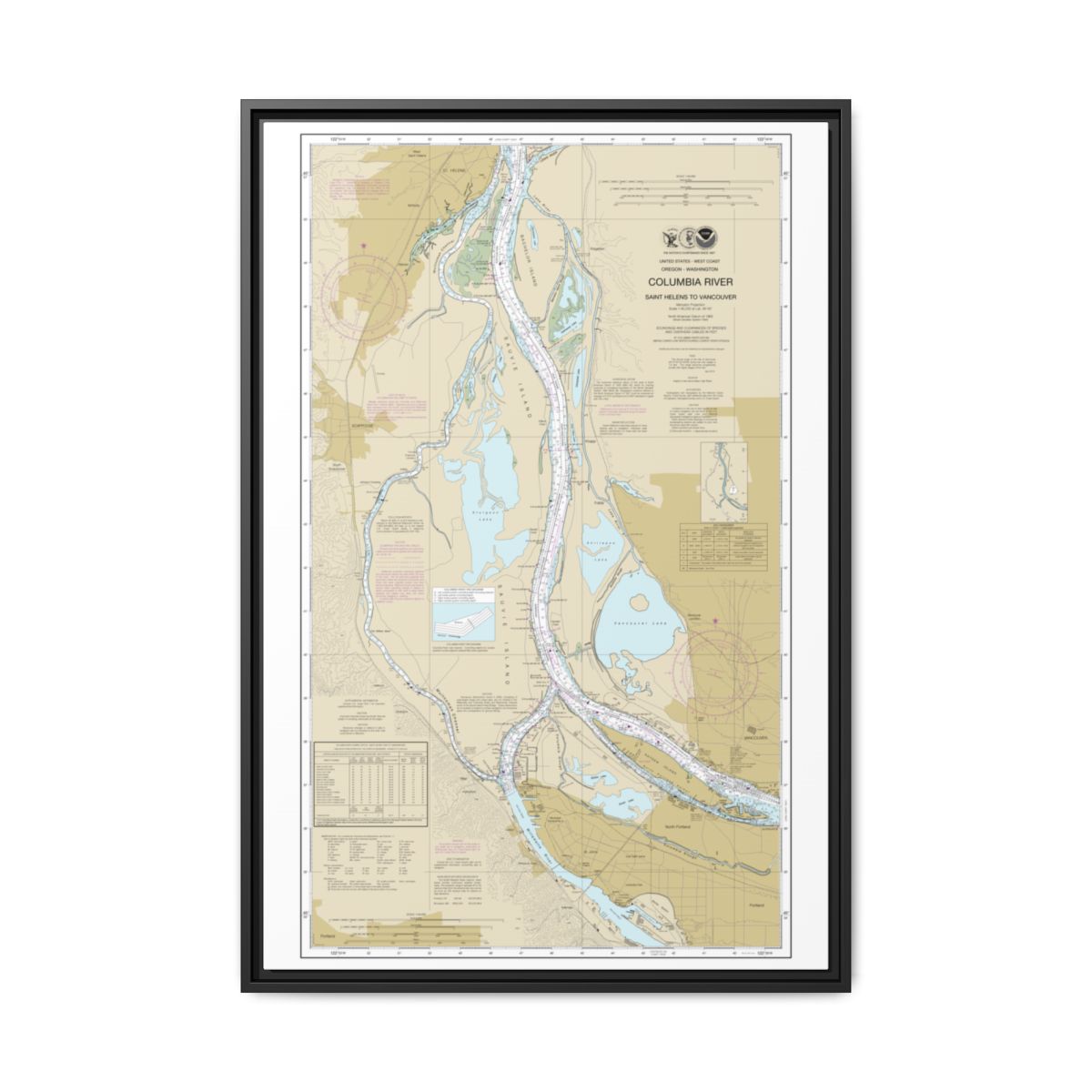 Chart 18525 Columbia River Saint Helens to Vancouver - NOAA Nautical Chart Floating Frame Canvas | 20" x 30" | 24" x 36" | 32" x 48" - Black front