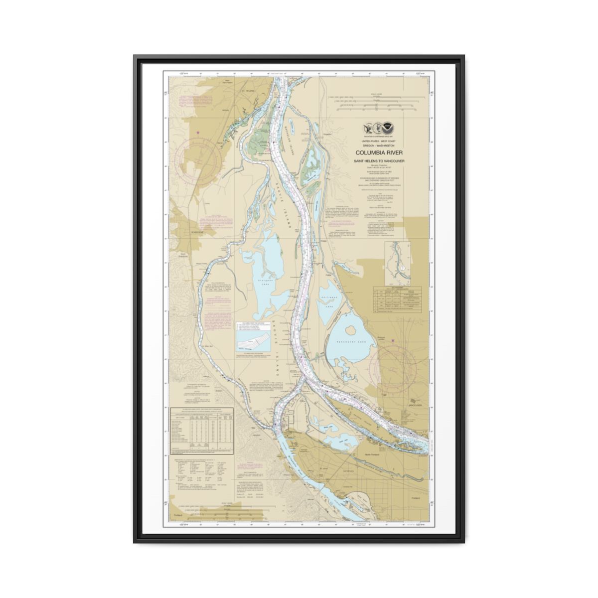 Chart 18525 Columbia River Saint Helens to Vancouver - NOAA Nautical Chart Floating Frame Canvas | 20" x 30" | 24" x 36" | 32" x 48" - Black front
