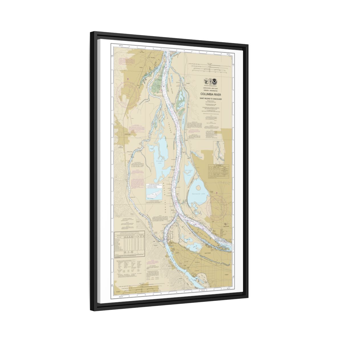 Chart 18525 Columbia River Saint Helens to Vancouver - NOAA Nautical Chart Floating Frame Canvas | 20" x 30" | 24" x 36" | 32" x 48" - Black side