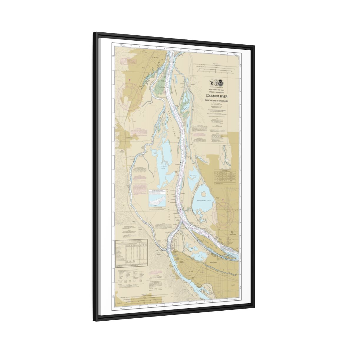 Chart 18525 Columbia River Saint Helens to Vancouver - NOAA Nautical Chart Floating Frame Canvas | 20" x 30" | 24" x 36" | 32" x 48" - Black side