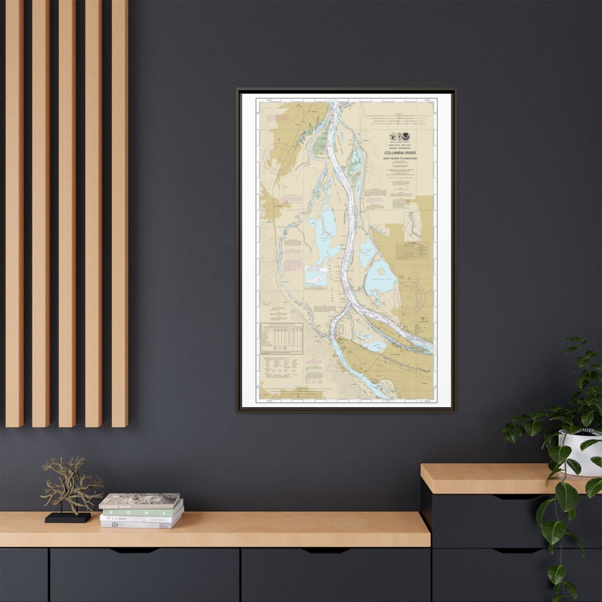 Chart 18525 Columbia River Saint Helens to Vancouver - NOAA Nautical Chart Floating Frame Canvas | 20" x 30" | 24" x 36" | 32" x 48" - Espresso context-2