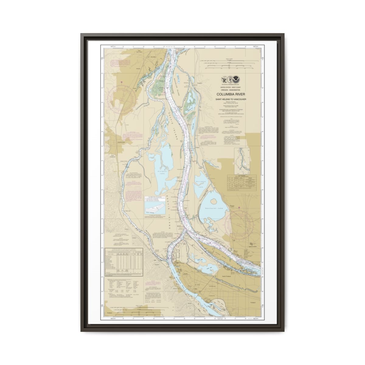 Chart 18525 Columbia River Saint Helens to Vancouver - NOAA Nautical Chart Floating Frame Canvas | 20" x 30" | 24" x 36" | 32" x 48" - Espresso front