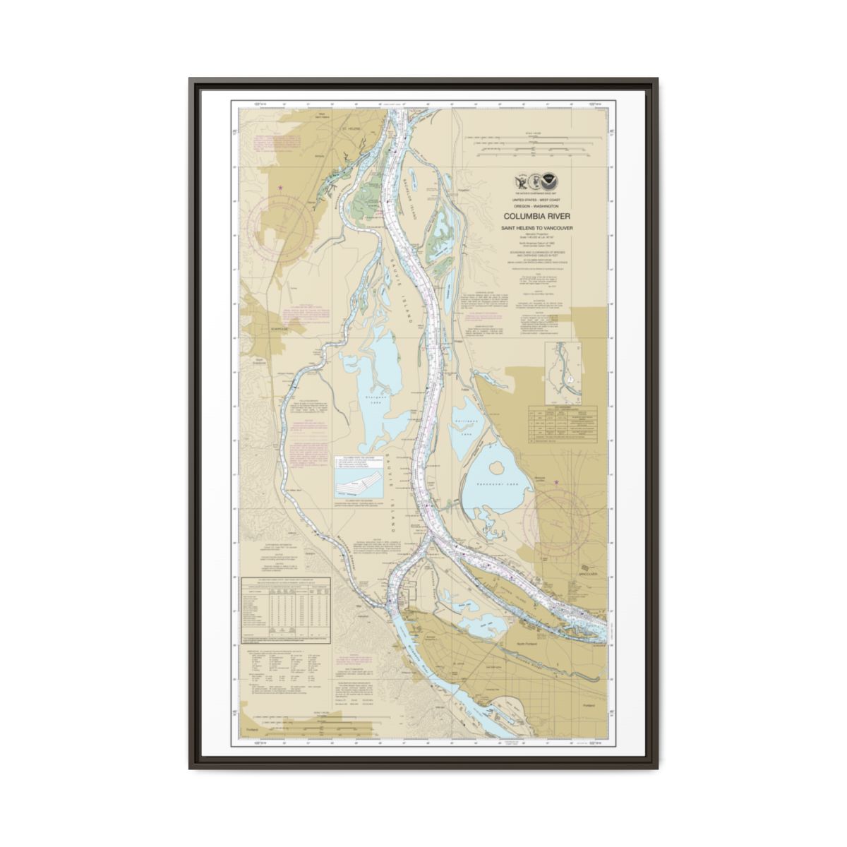 Chart 18525 Columbia River Saint Helens to Vancouver - NOAA Nautical Chart Floating Frame Canvas | 20" x 30" | 24" x 36" | 32" x 48" - Espresso front