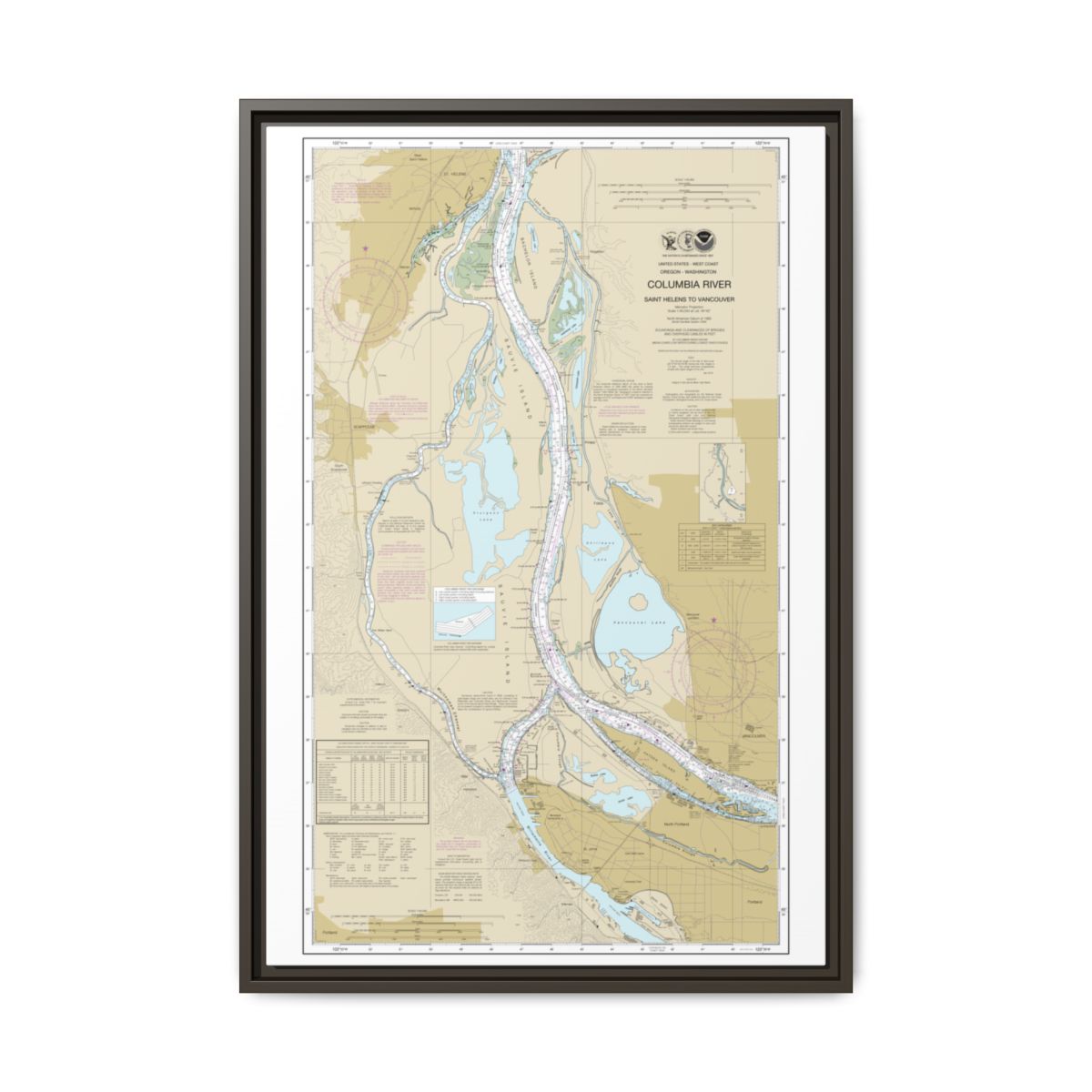 Chart 18525 Columbia River Saint Helens to Vancouver - NOAA Nautical Chart Floating Frame Canvas | 20" x 30" | 24" x 36" | 32" x 48" - Espresso front