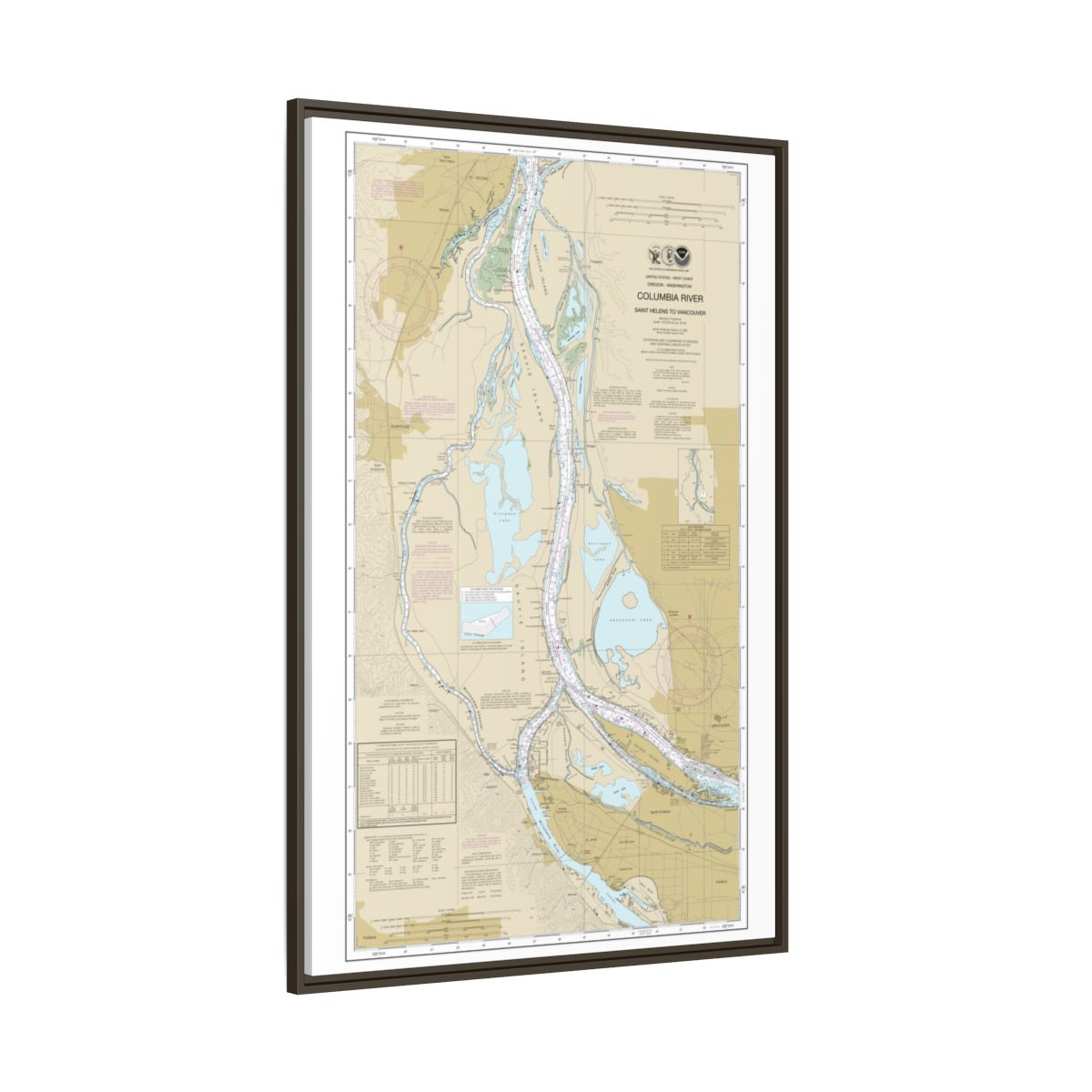Chart 18525 Columbia River Saint Helens to Vancouver - NOAA Nautical Chart Floating Frame Canvas | 20" x 30" | 24" x 36" | 32" x 48" - Espresso side