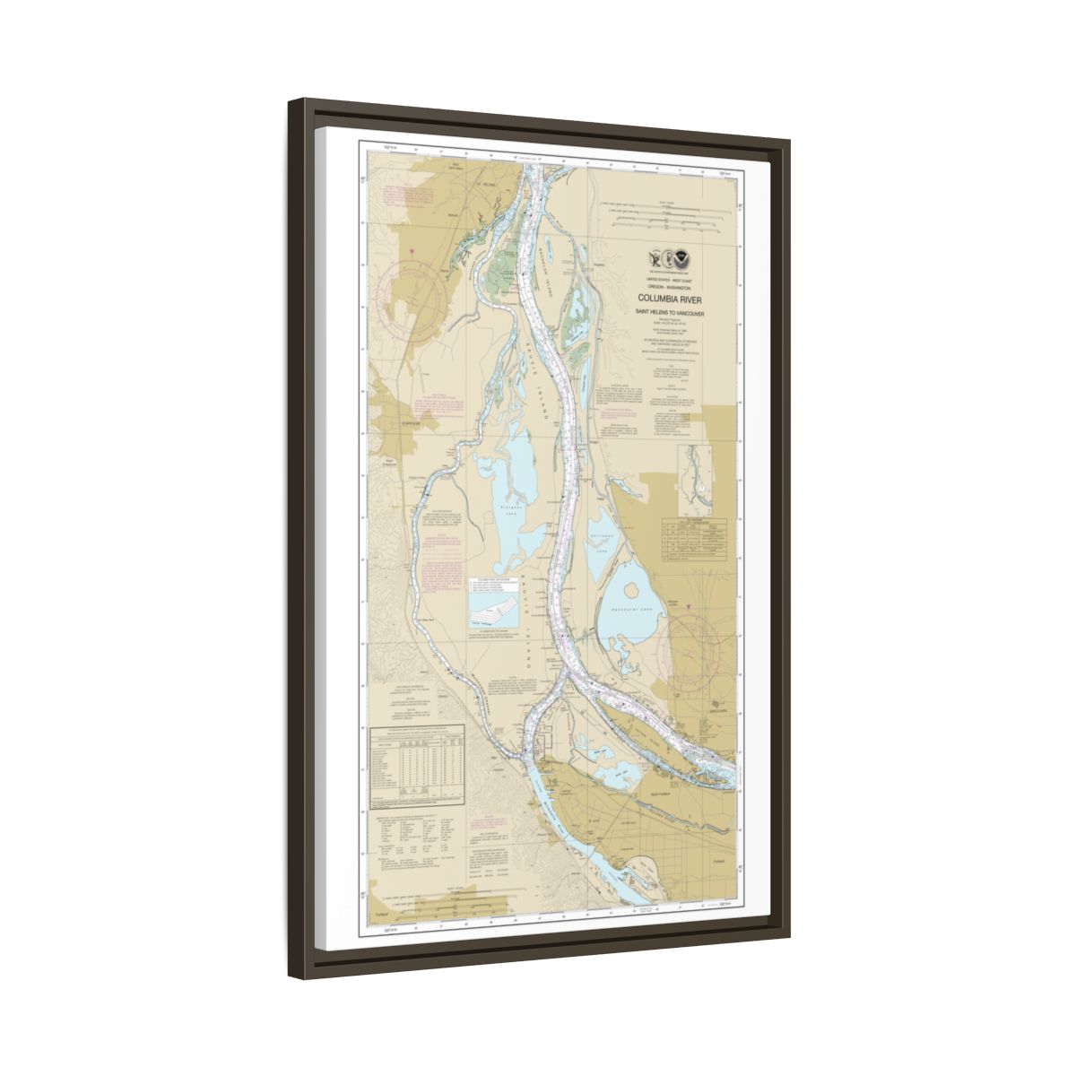 Chart 18525 Columbia River Saint Helens to Vancouver - NOAA Nautical Chart Floating Frame Canvas | 20" x 30" | 24" x 36" | 32" x 48" - Espresso side