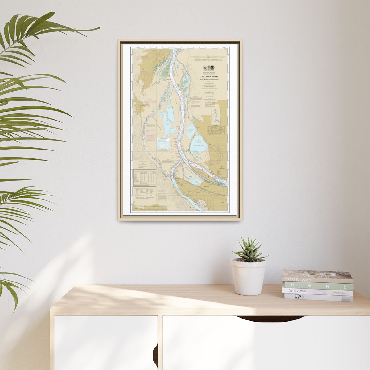 Chart 18525 Columbia River Saint Helens to Vancouver - NOAA Nautical Chart Floating Frame Canvas | 20" x 30" | 24" x 36" | 32" x 48" - Natural context-1