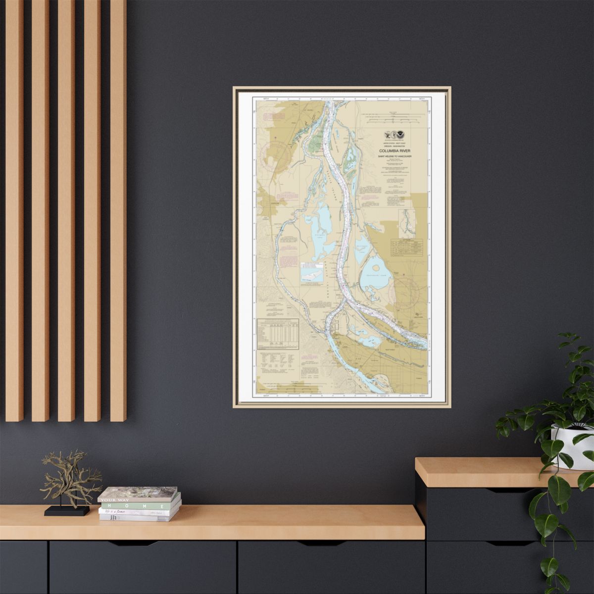 Chart 18525 Columbia River Saint Helens to Vancouver - NOAA Nautical Chart Floating Frame Canvas | 20" x 30" | 24" x 36" | 32" x 48" - Natural context-2