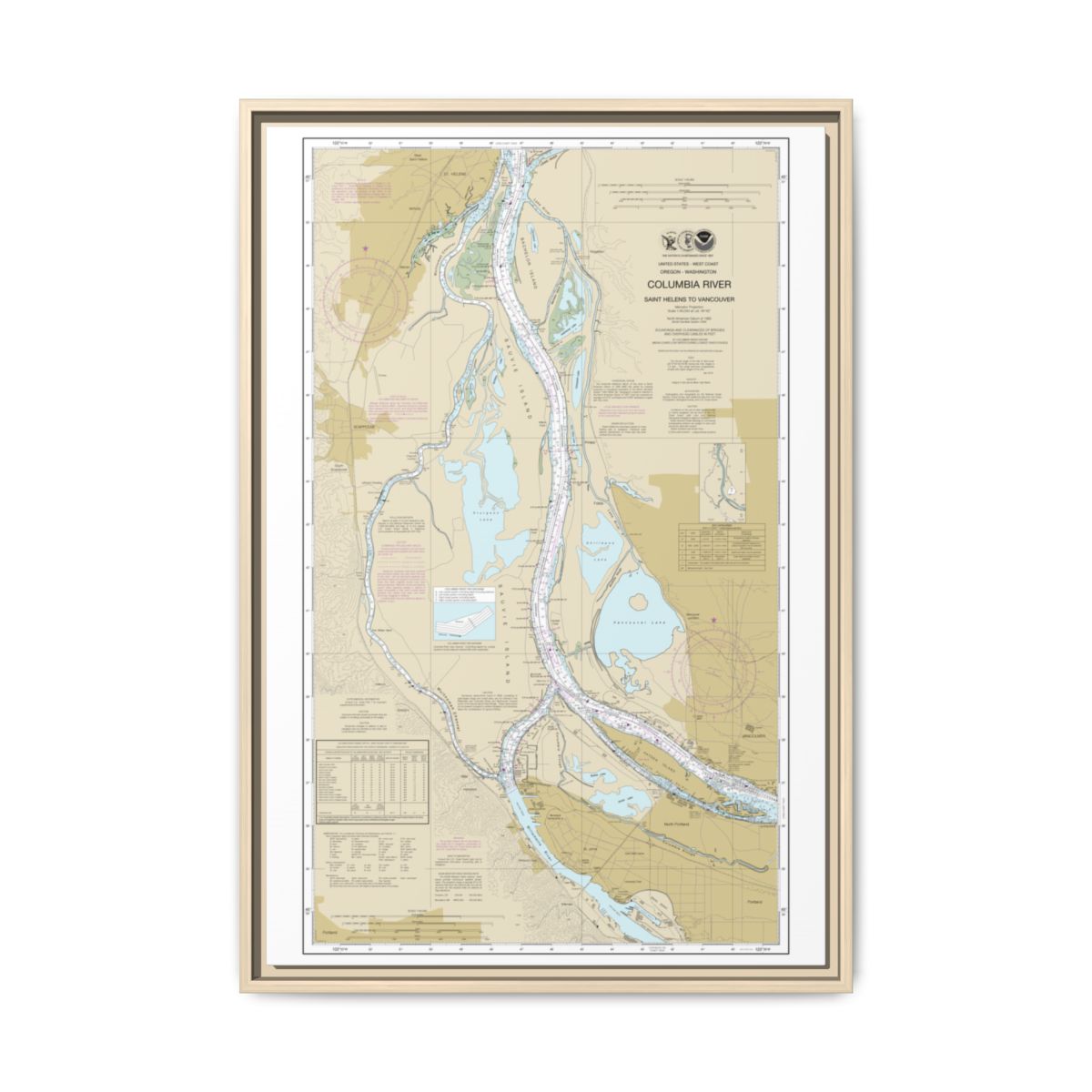 Chart 18525 Columbia River Saint Helens to Vancouver - NOAA Nautical Chart Floating Frame Canvas | 20" x 30" | 24" x 36" | 32" x 48" - Natural front