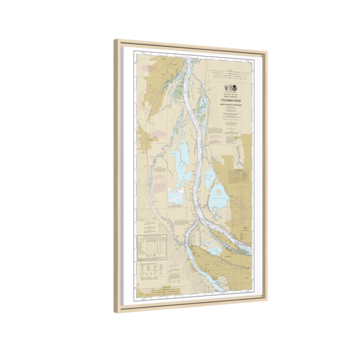 Chart 18525 Columbia River Saint Helens to Vancouver - NOAA Nautical Chart Floating Frame Canvas | 20" x 30" | 24" x 36" | 32" x 48" - Natural side