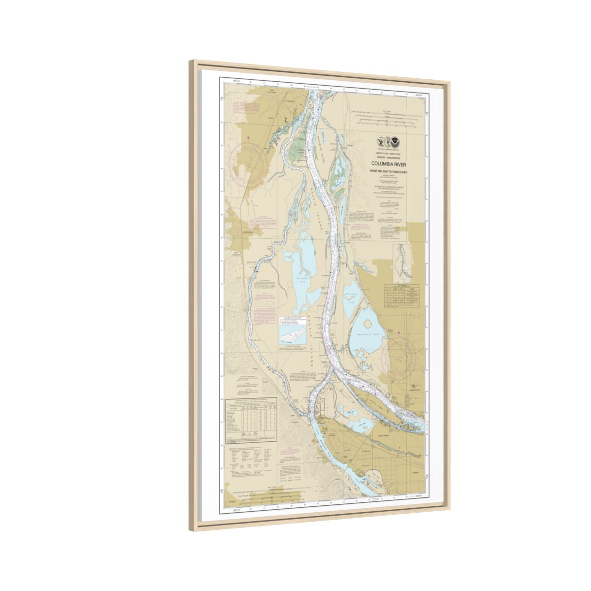 Chart 18525 Columbia River Saint Helens to Vancouver - NOAA Nautical Chart Floating Frame Canvas | 20" x 30" | 24" x 36" | 32" x 48" - Natural side