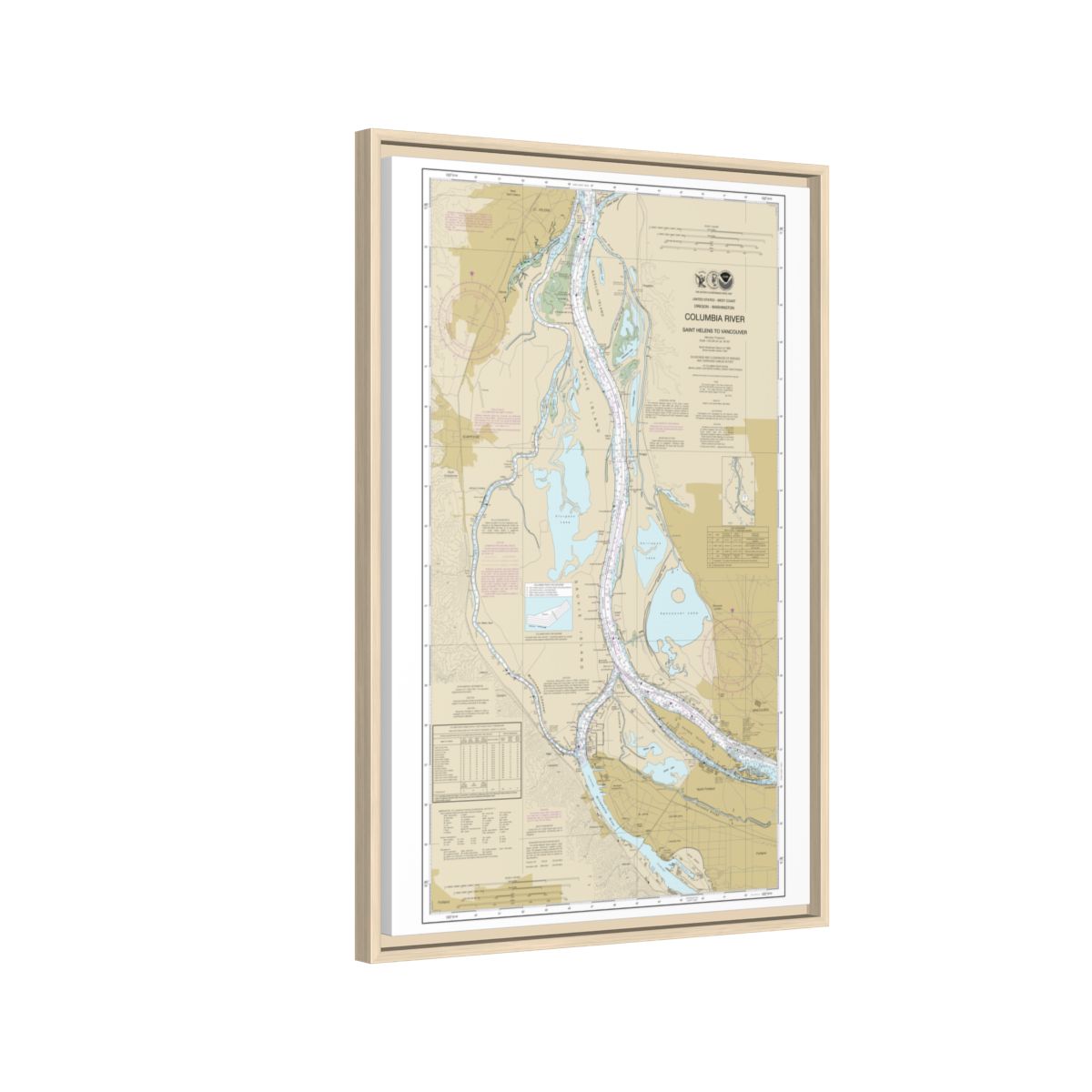 Chart 18525 Columbia River Saint Helens to Vancouver - NOAA Nautical Chart Floating Frame Canvas | 20" x 30" | 24" x 36" | 32" x 48" - Natural side