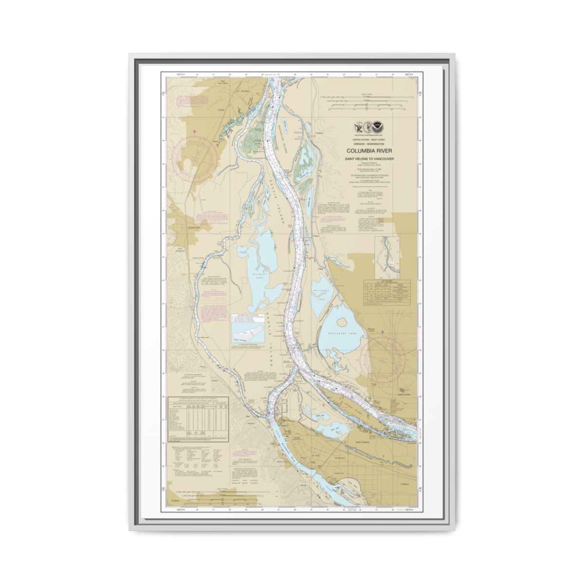 Chart 18525 Columbia River Saint Helens to Vancouver - NOAA Nautical Chart Floating Frame Canvas | 20" x 30" | 24" x 36" | 32" x 48" - White front
