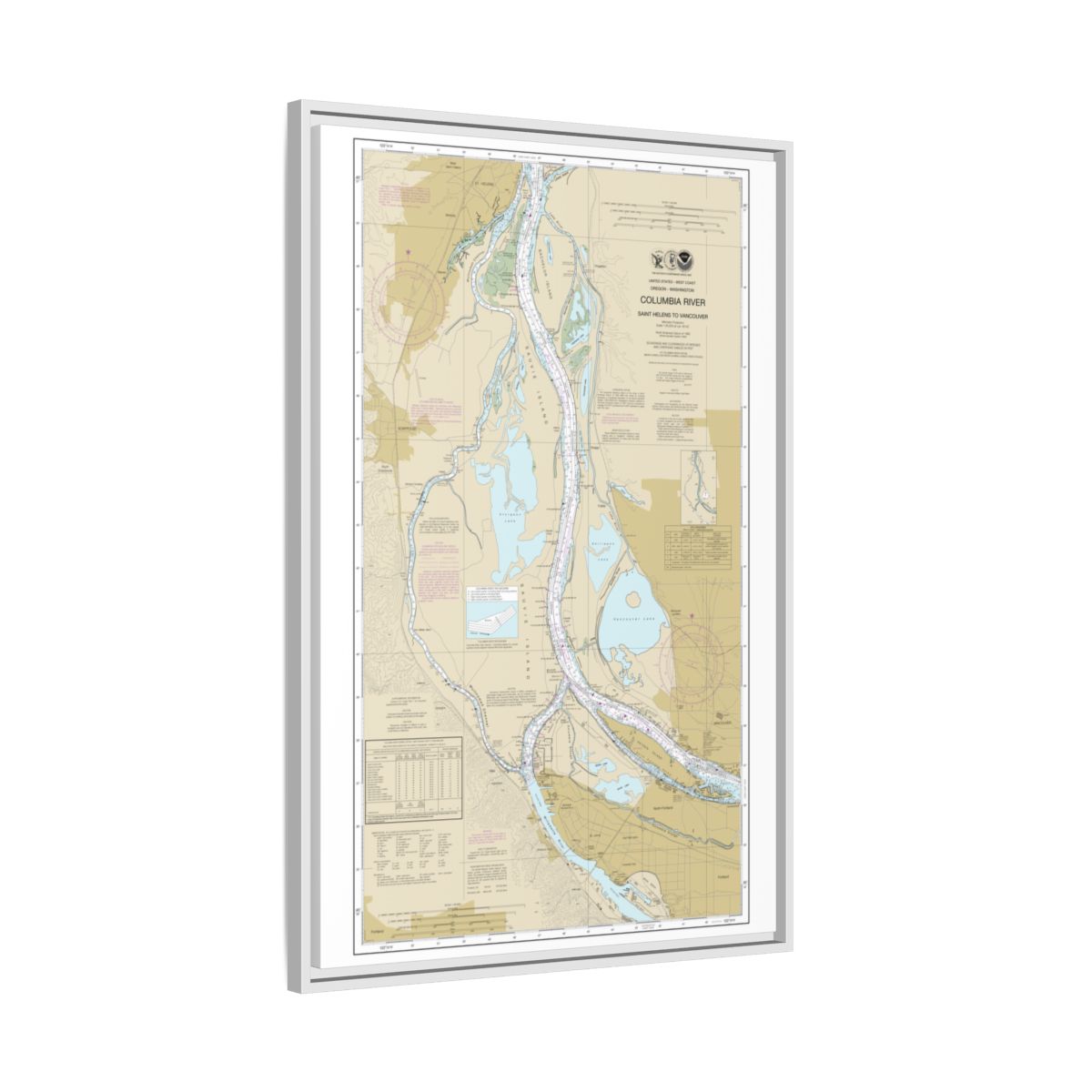 Chart 18525 Columbia River Saint Helens to Vancouver - NOAA Nautical Chart Floating Frame Canvas | 20" x 30" | 24" x 36" | 32" x 48" - White side