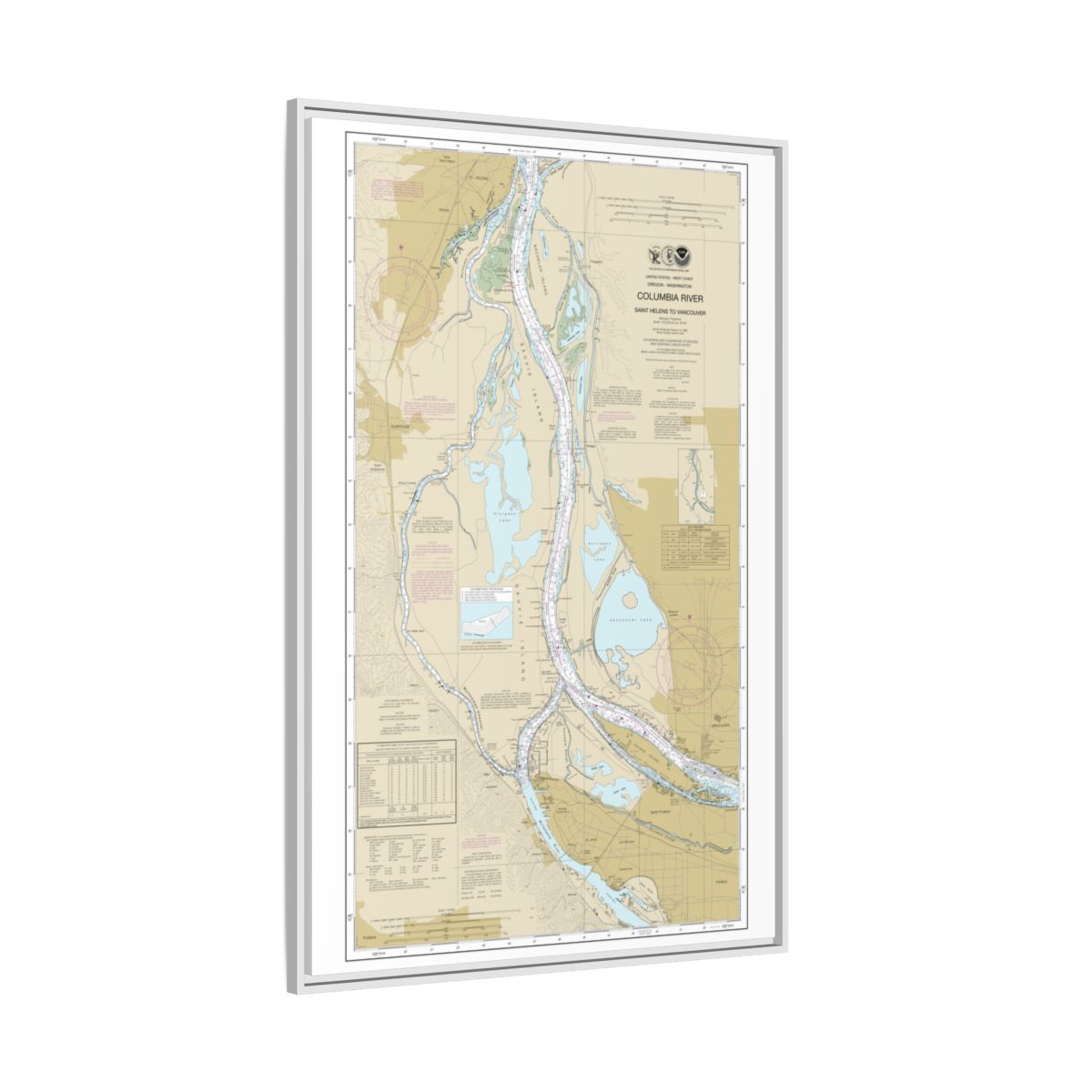 Chart 18525 Columbia River Saint Helens to Vancouver - NOAA Nautical Chart Floating Frame Canvas | 20" x 30" | 24" x 36" | 32" x 48" - White side
