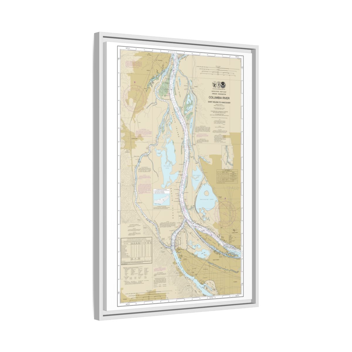 Chart 18525 Columbia River Saint Helens to Vancouver - NOAA Nautical Chart Floating Frame Canvas | 20" x 30" | 24" x 36" | 32" x 48" - White side