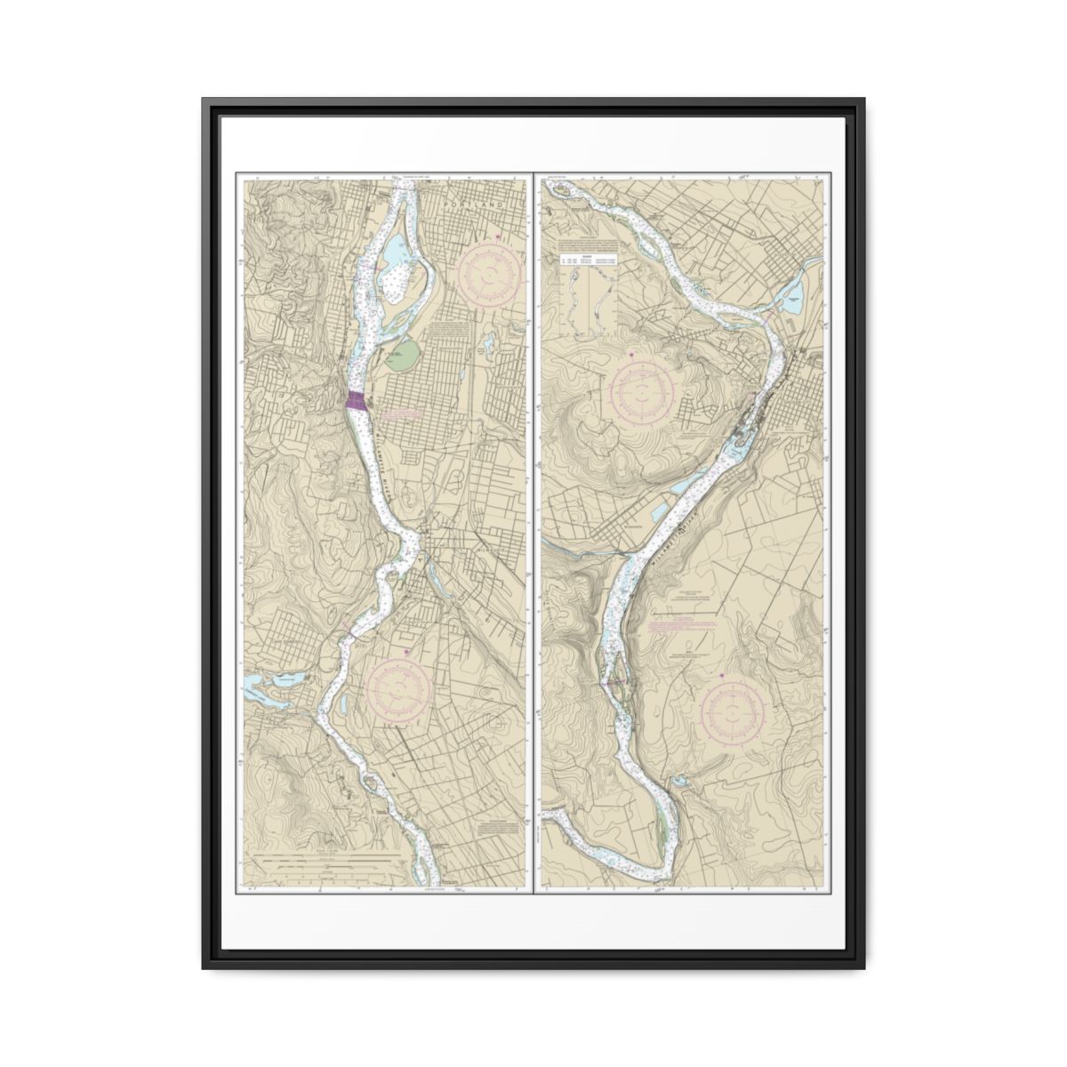 Chart 18528 Willamette River Portland to Walnut Eddy - NOAA Nautical Chart Floating Frame Canvas | 24" x 32" | 30" x 40" - Black front