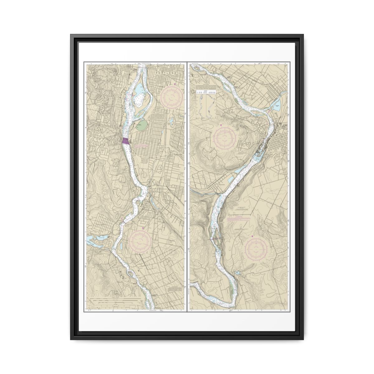 Chart 18528 Willamette River Portland to Walnut Eddy - NOAA Nautical Chart Floating Frame Canvas | 24" x 32" | 30" x 40" - Black front