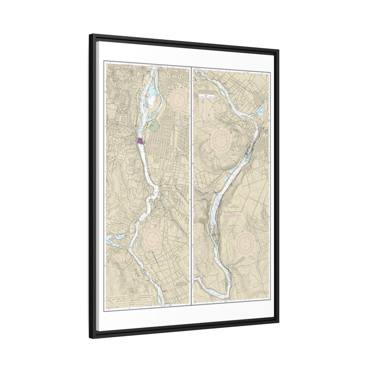 Chart 18528 Willamette River Portland to Walnut Eddy - NOAA Nautical Chart Floating Frame Canvas | 24" x 32" | 30" x 40" - Black side