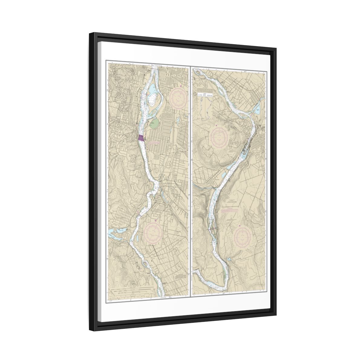 Chart 18528 Willamette River Portland to Walnut Eddy - NOAA Nautical Chart Floating Frame Canvas | 24" x 32" | 30" x 40" - Black side