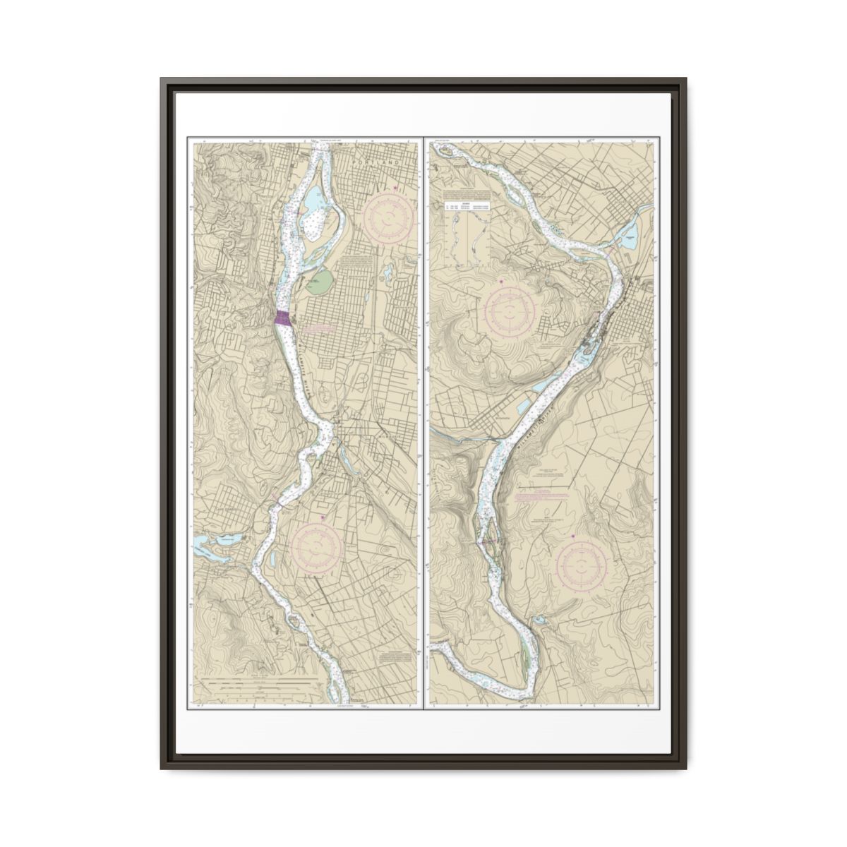 Chart 18528 Willamette River Portland to Walnut Eddy - NOAA Nautical Chart Floating Frame Canvas | 24" x 32" | 30" x 40" - Espresso front