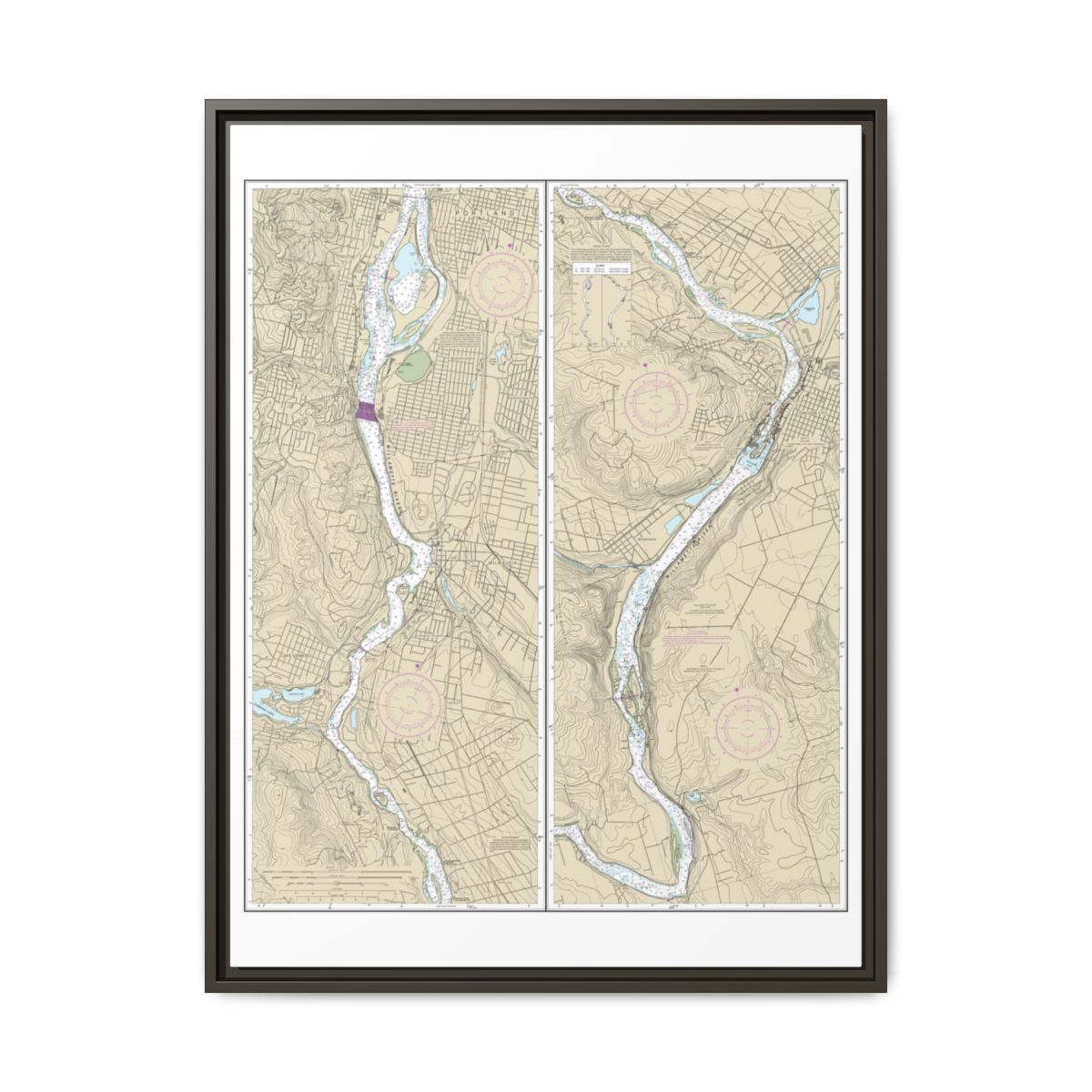 Chart 18528 Willamette River Portland to Walnut Eddy - NOAA Nautical Chart Floating Frame Canvas | 24" x 32" | 30" x 40" - Espresso front