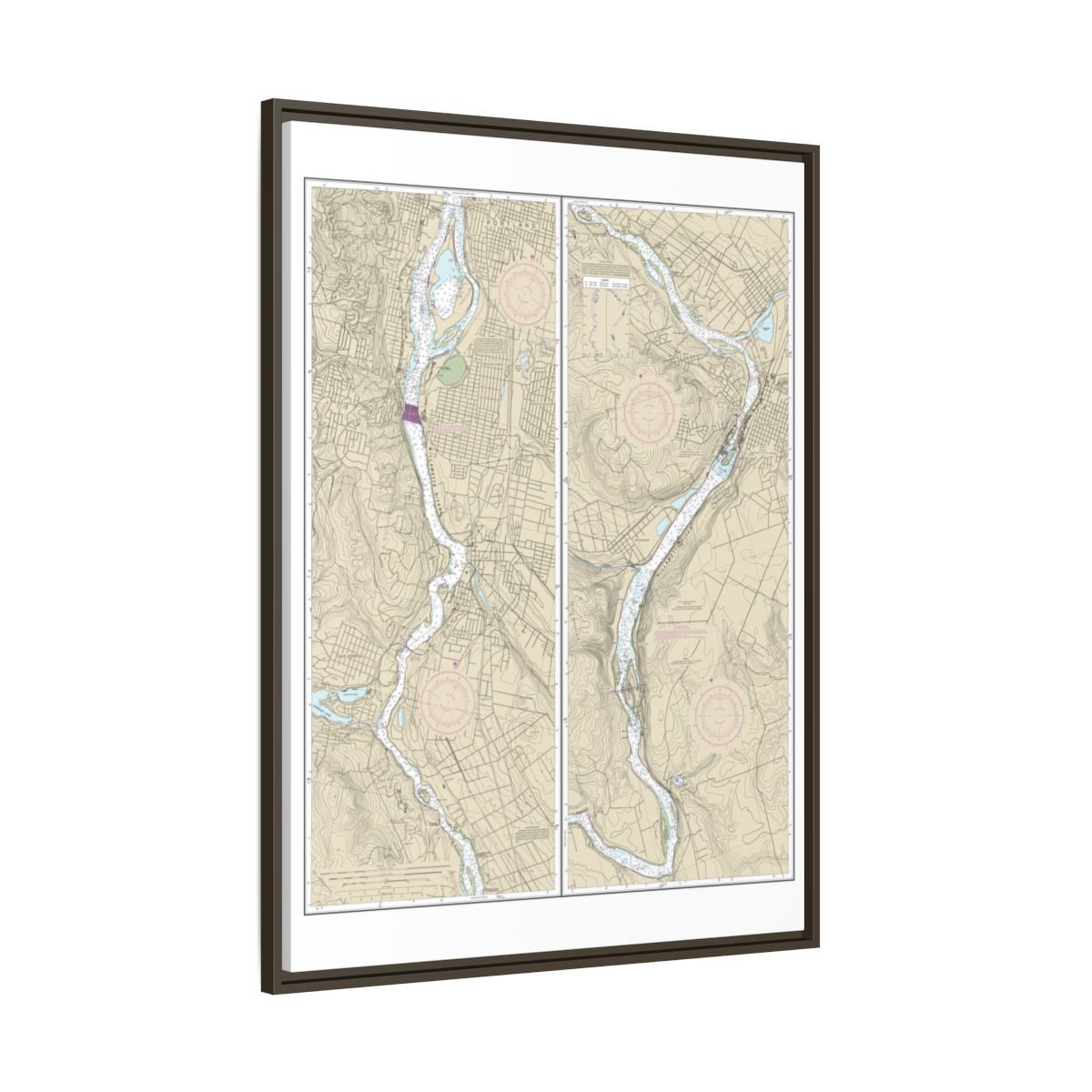 Chart 18528 Willamette River Portland to Walnut Eddy - NOAA Nautical Chart Floating Frame Canvas | 24" x 32" | 30" x 40" - Espresso side