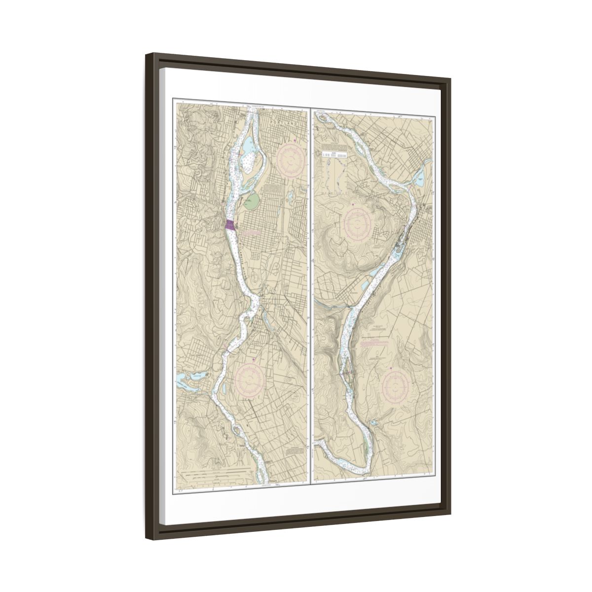 Chart 18528 Willamette River Portland to Walnut Eddy - NOAA Nautical Chart Floating Frame Canvas | 24" x 32" | 30" x 40" - Espresso side