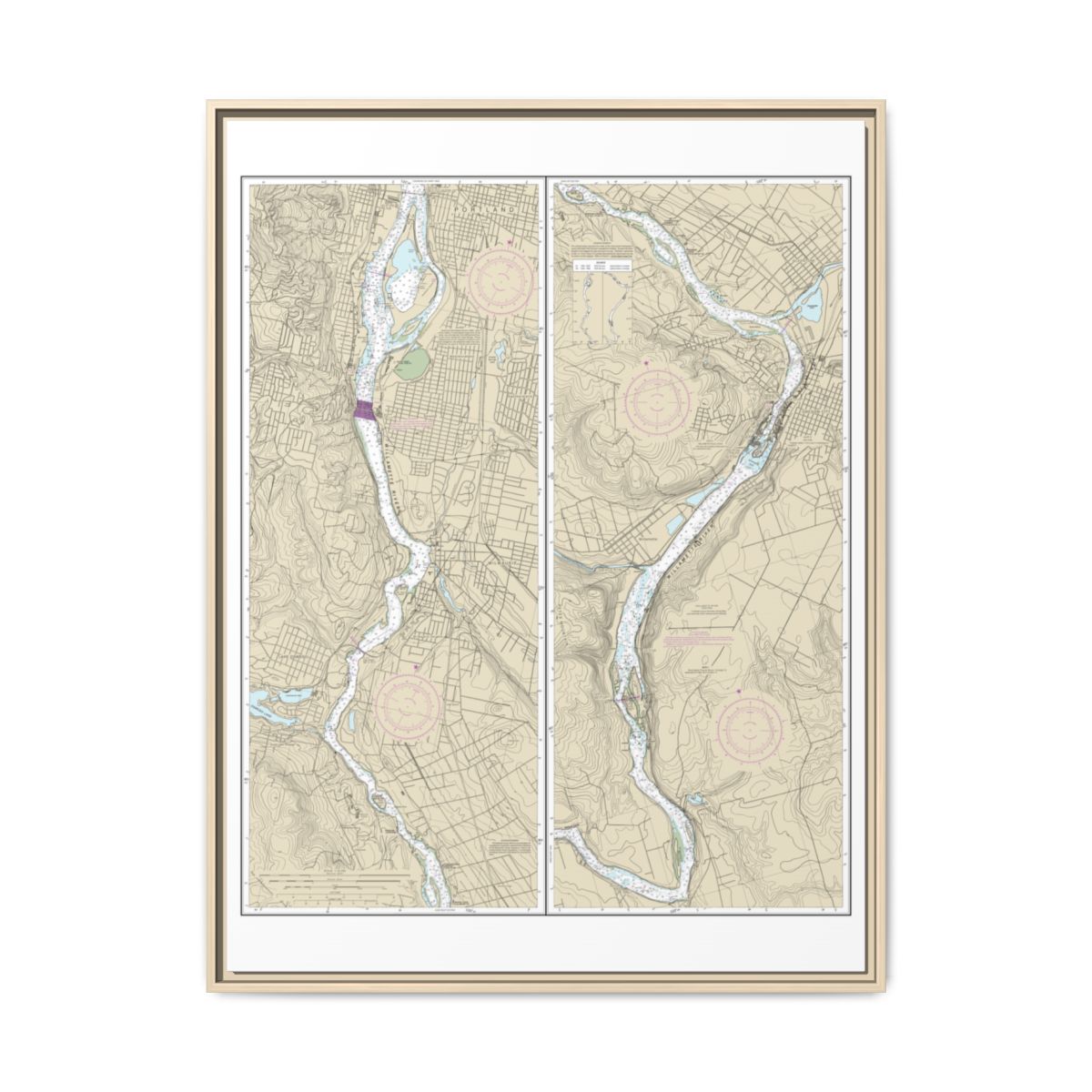 Chart 18528 Willamette River Portland to Walnut Eddy - NOAA Nautical Chart Floating Frame Canvas | 24" x 32" | 30" x 40" - Natural front