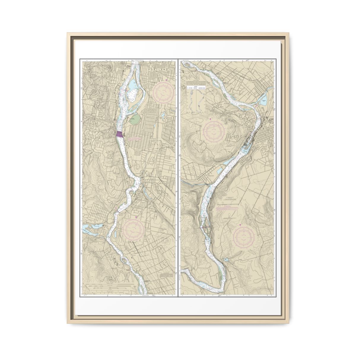 Chart 18528 Willamette River Portland to Walnut Eddy - NOAA Nautical Chart Floating Frame Canvas | 24" x 32" | 30" x 40" - Natural front