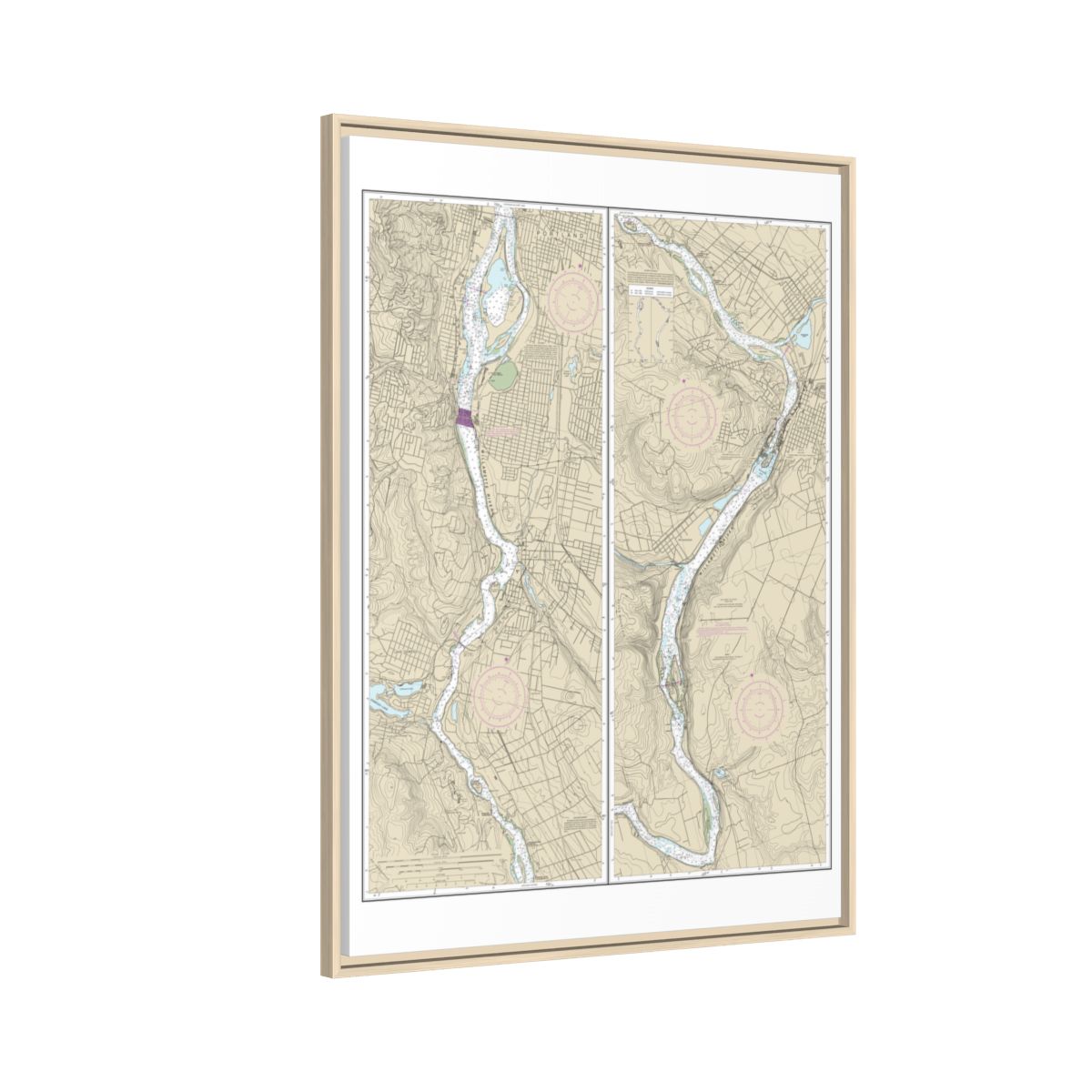 Chart 18528 Willamette River Portland to Walnut Eddy - NOAA Nautical Chart Floating Frame Canvas | 24" x 32" | 30" x 40" - Natural side
