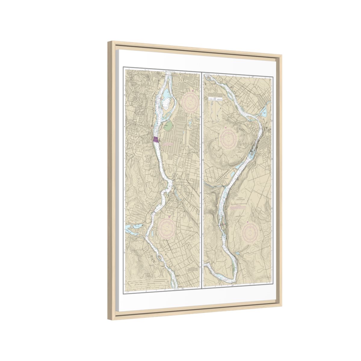 Chart 18528 Willamette River Portland to Walnut Eddy - NOAA Nautical Chart Floating Frame Canvas | 24" x 32" | 30" x 40" - Natural side