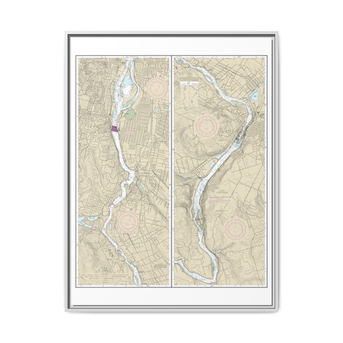 Chart 18528 Willamette River Portland to Walnut Eddy - NOAA Nautical Chart Floating Frame Canvas | 24" x 32" | 30" x 40" - White front