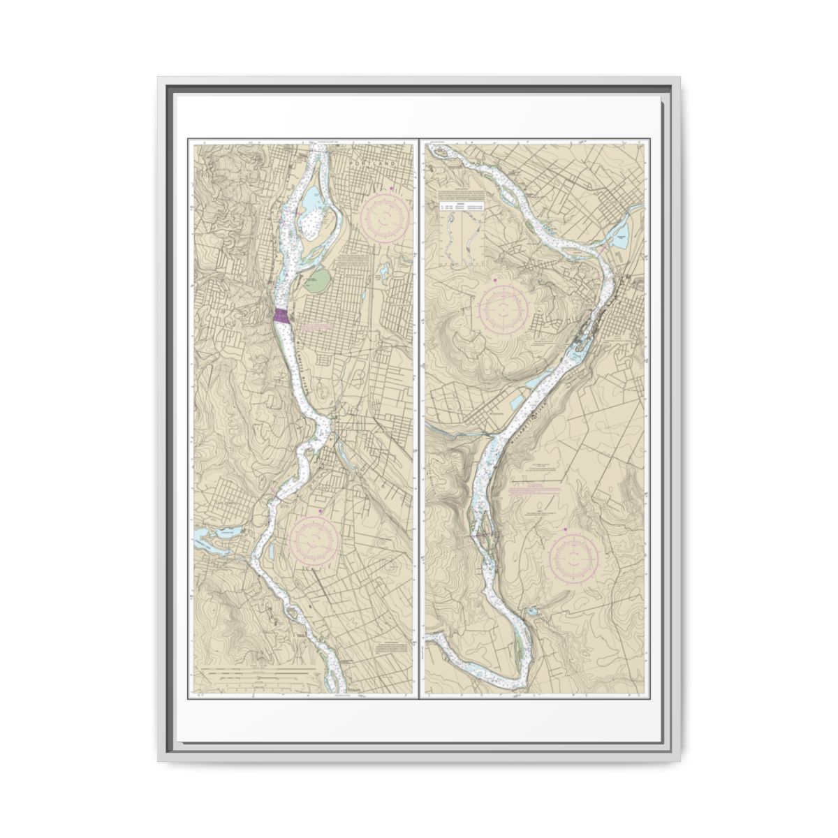Chart 18528 Willamette River Portland to Walnut Eddy - NOAA Nautical Chart Floating Frame Canvas | 24" x 32" | 30" x 40" - White front