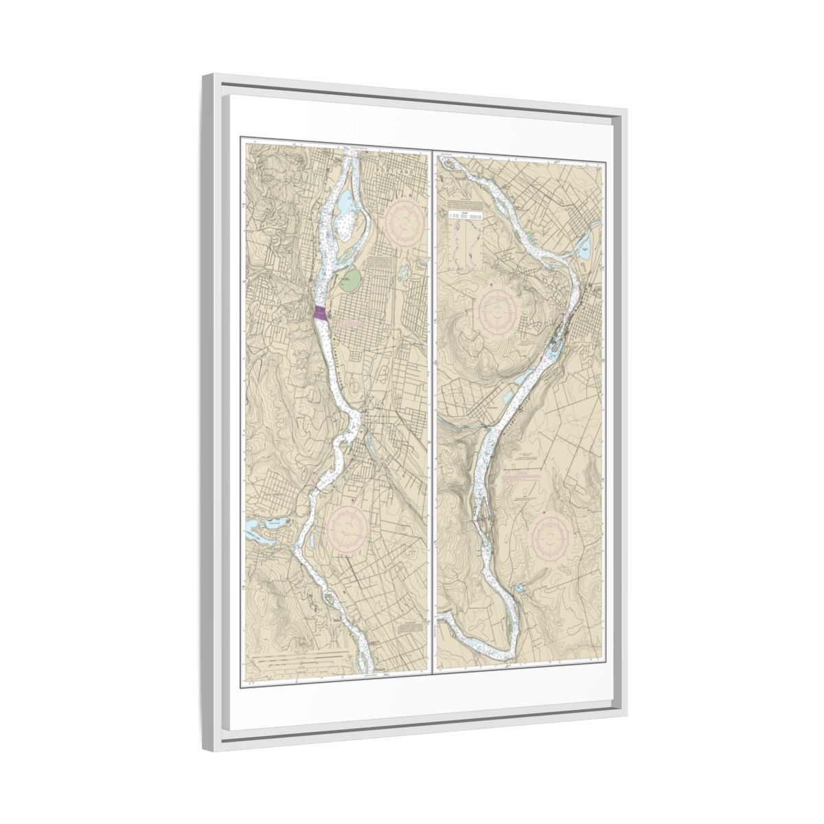 Chart 18528 Willamette River Portland to Walnut Eddy - NOAA Nautical Chart Floating Frame Canvas | 24" x 32" | 30" x 40" - White side