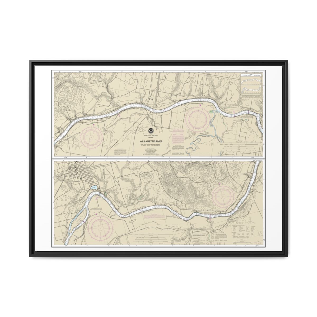 Chart 18529 Willamette River Walnut Eddy To Newburg - NOAA Nautical Chart Floating Frame Canvas | 32" x 24" | 40" x 30" - Black front