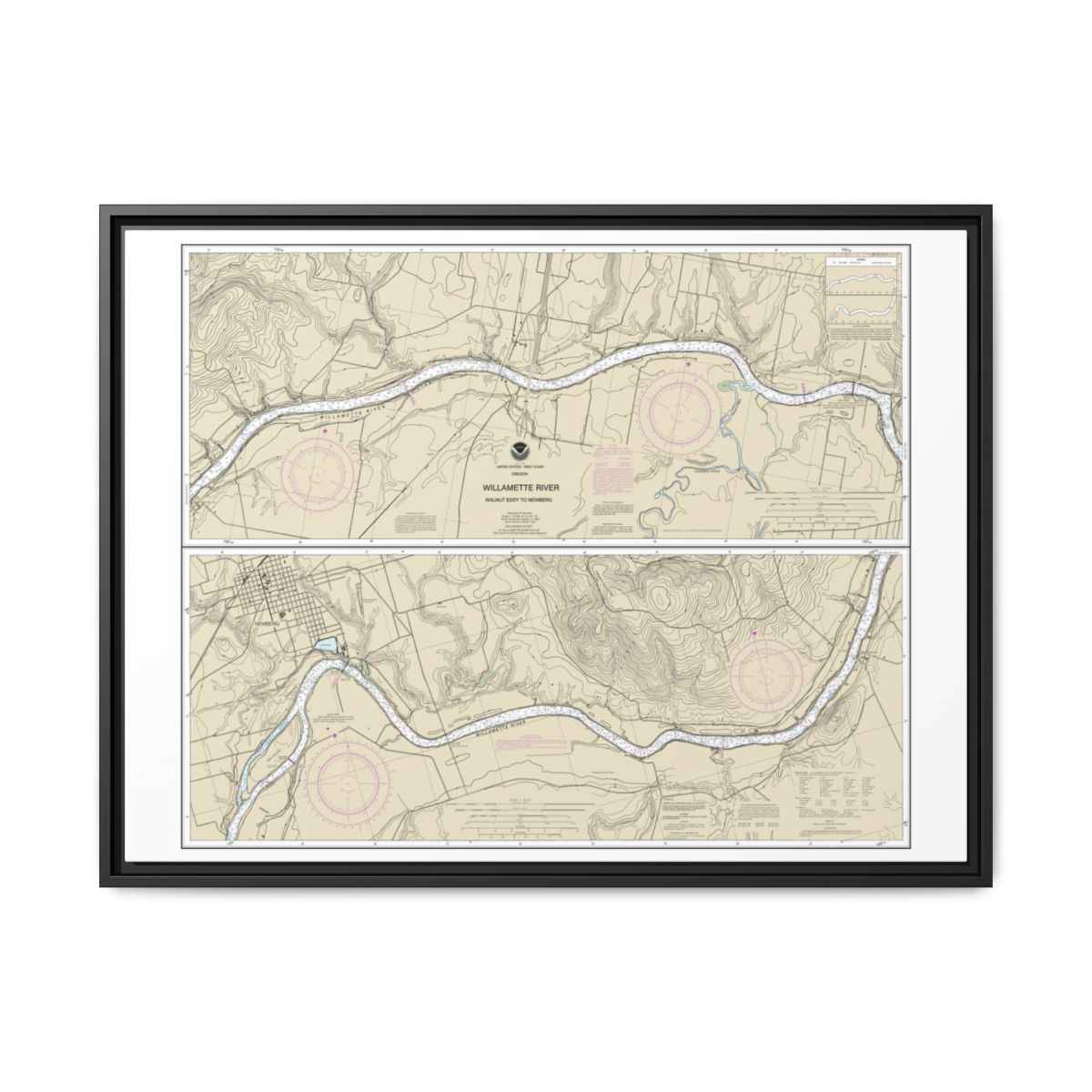 Chart 18529 Willamette River Walnut Eddy To Newburg - NOAA Nautical Chart Floating Frame Canvas | 32" x 24" | 40" x 30" - Black front