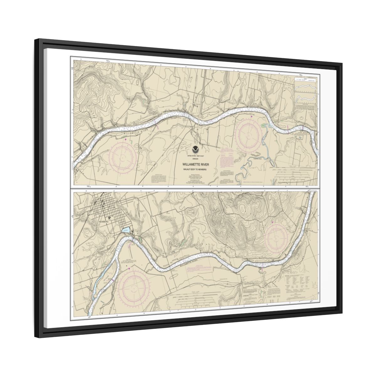 Chart 18529 Willamette River Walnut Eddy To Newburg - NOAA Nautical Chart Floating Frame Canvas | 32" x 24" | 40" x 30" - Black side