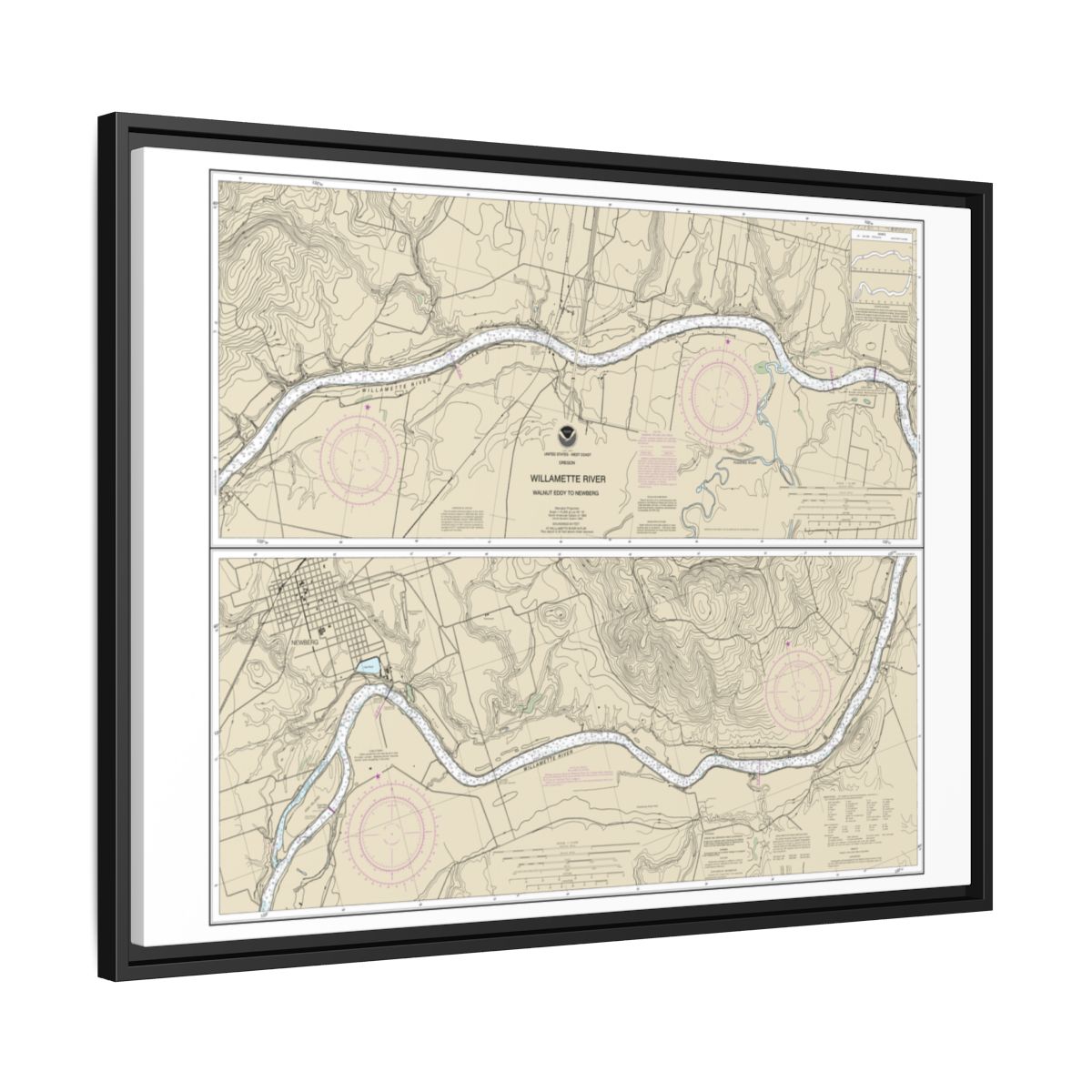 Chart 18529 Willamette River Walnut Eddy To Newburg - NOAA Nautical Chart Floating Frame Canvas | 32" x 24" | 40" x 30" - Black side