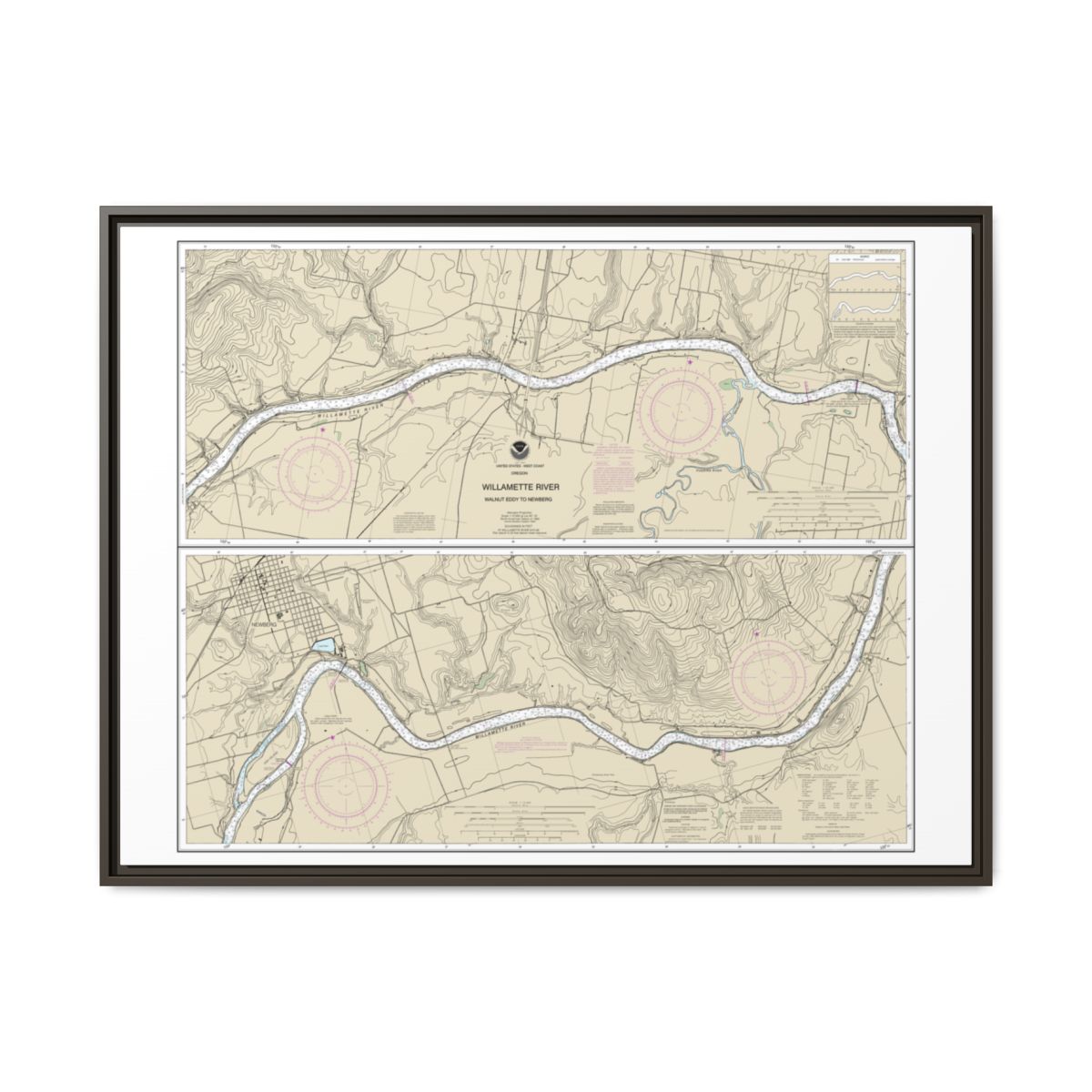 Chart 18529 Willamette River Walnut Eddy To Newburg - NOAA Nautical Chart Floating Frame Canvas | 32" x 24" | 40" x 30" - Espresso front