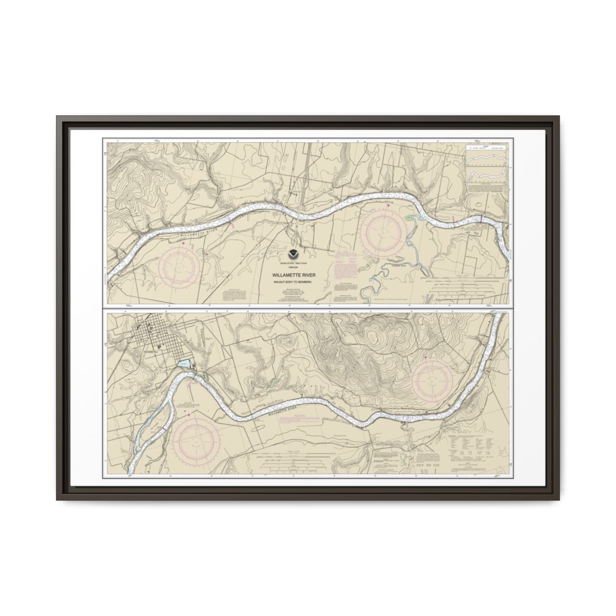 Chart 18529 Willamette River Walnut Eddy To Newburg - NOAA Nautical Chart Floating Frame Canvas | 32" x 24" | 40" x 30" - Espresso front