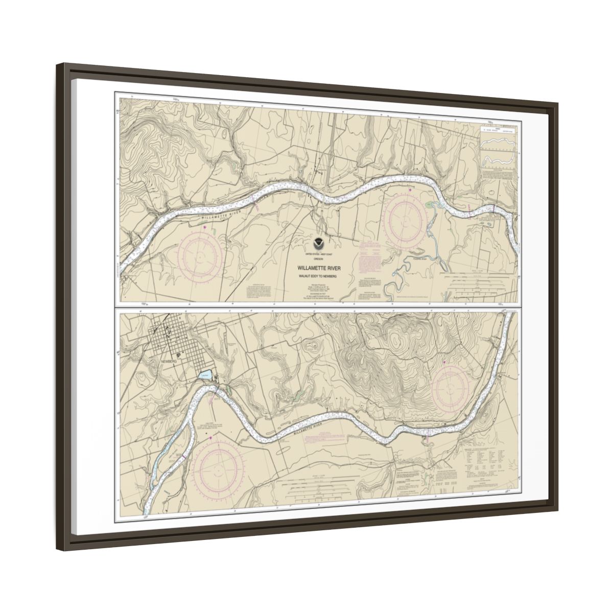 Chart 18529 Willamette River Walnut Eddy To Newburg - NOAA Nautical Chart Floating Frame Canvas | 32" x 24" | 40" x 30" - Espresso side