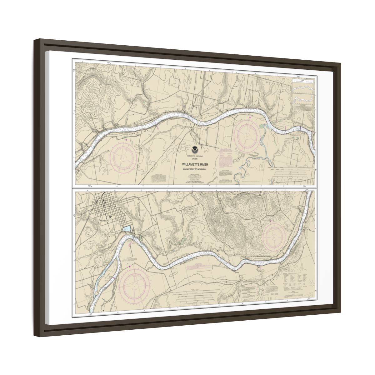 Chart 18529 Willamette River Walnut Eddy To Newburg - NOAA Nautical Chart Floating Frame Canvas | 32" x 24" | 40" x 30" - Espresso side