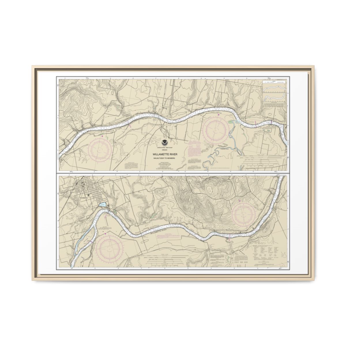 Chart 18529 Willamette River Walnut Eddy To Newburg - NOAA Nautical Chart Floating Frame Canvas | 32" x 24" | 40" x 30" - Natural front