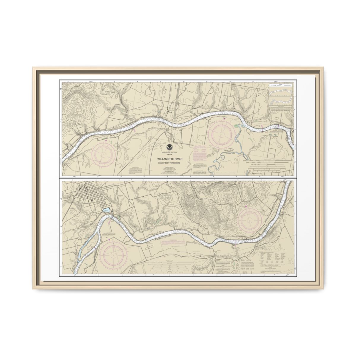 Chart 18529 Willamette River Walnut Eddy To Newburg - NOAA Nautical Chart Floating Frame Canvas | 32" x 24" | 40" x 30" - Natural front