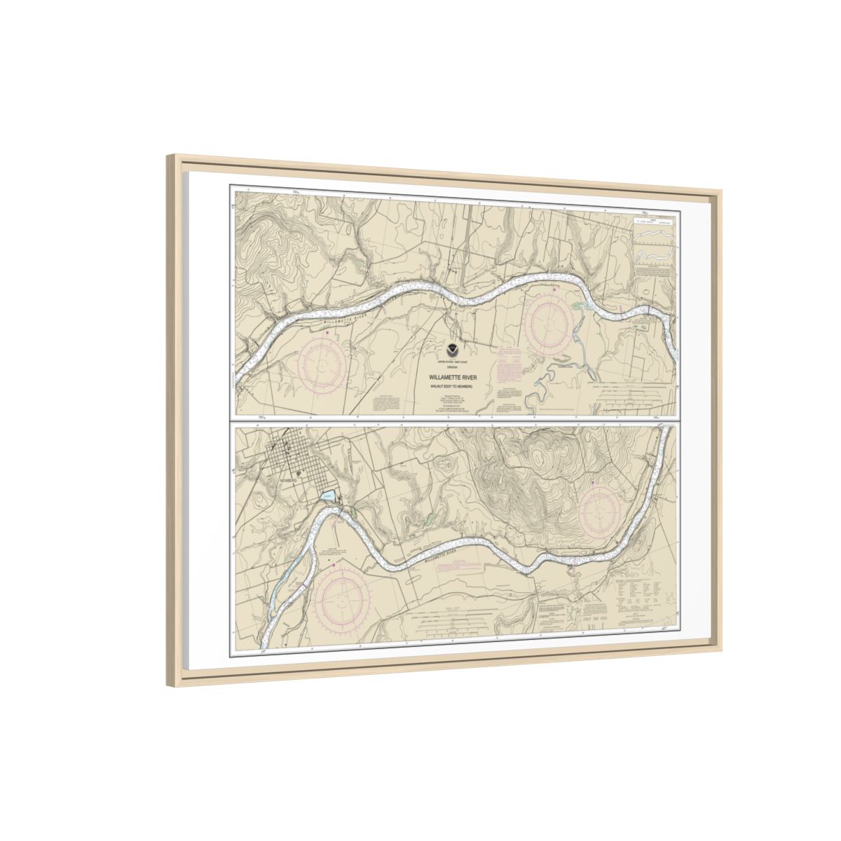 Chart 18529 Willamette River Walnut Eddy To Newburg - NOAA Nautical Chart Floating Frame Canvas | 32" x 24" | 40" x 30" - Natural side