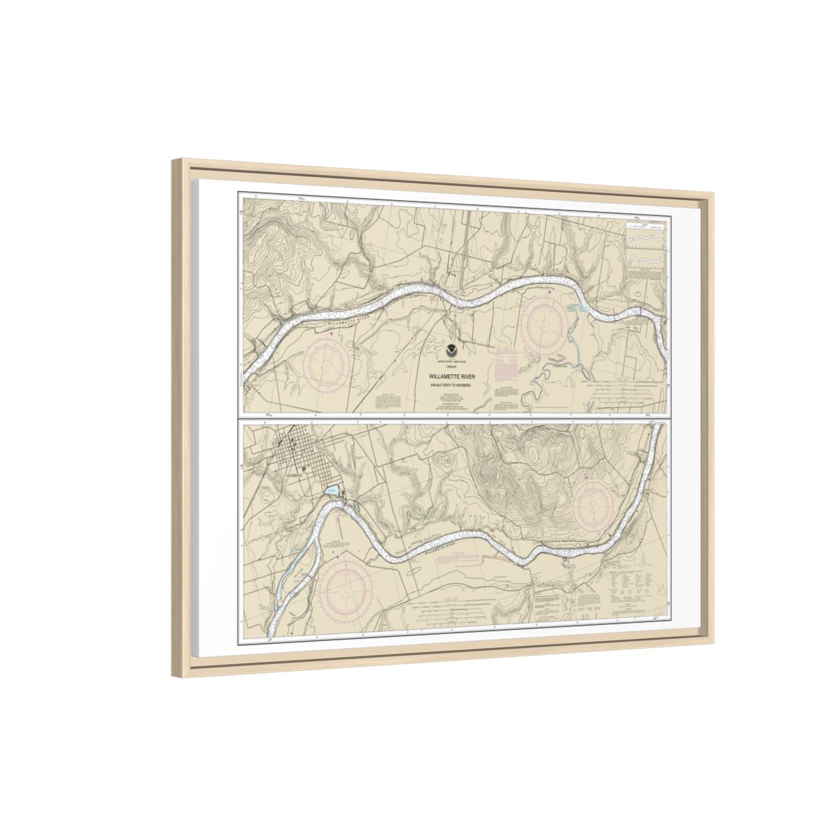 Chart 18529 Willamette River Walnut Eddy To Newburg - NOAA Nautical Chart Floating Frame Canvas | 32" x 24" | 40" x 30" - Natural side