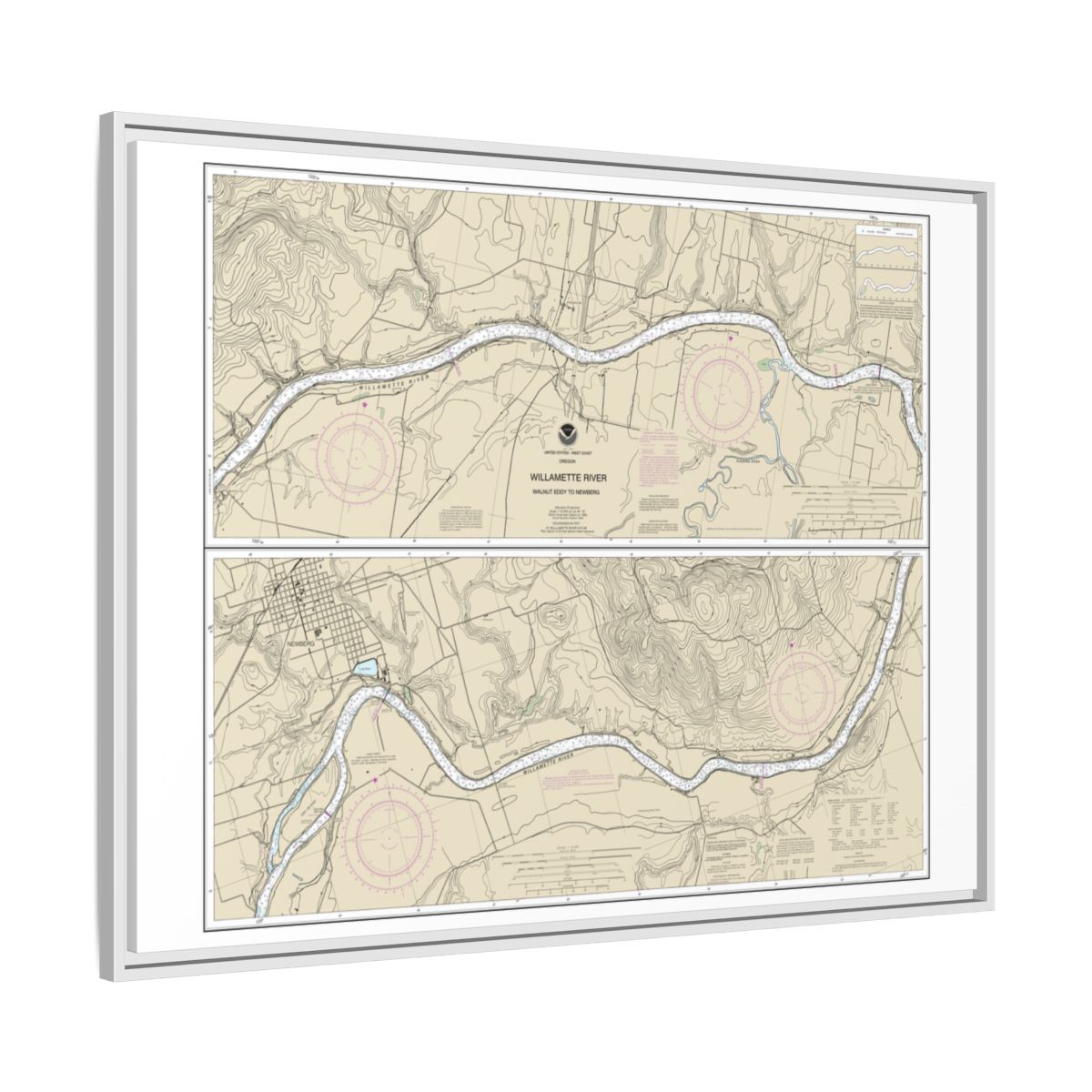 Chart 18529 Willamette River Walnut Eddy To Newburg - NOAA Nautical Chart Floating Frame Canvas | 32" x 24" | 40" x 30" - White side