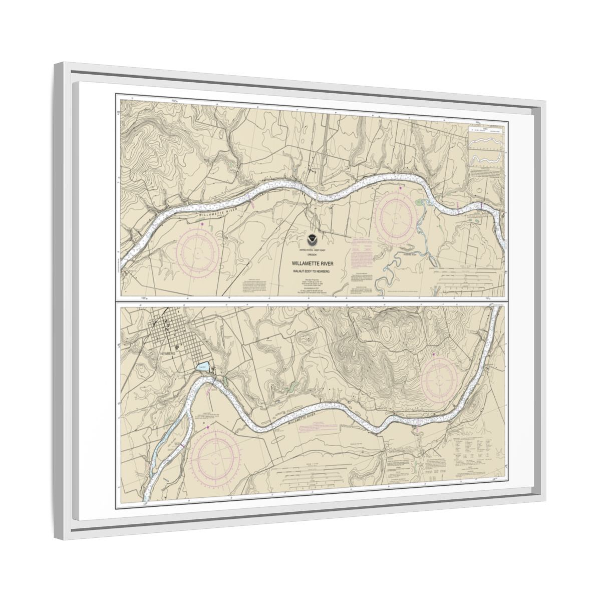 Chart 18529 Willamette River Walnut Eddy To Newburg - NOAA Nautical Chart Floating Frame Canvas | 32" x 24" | 40" x 30" - White side