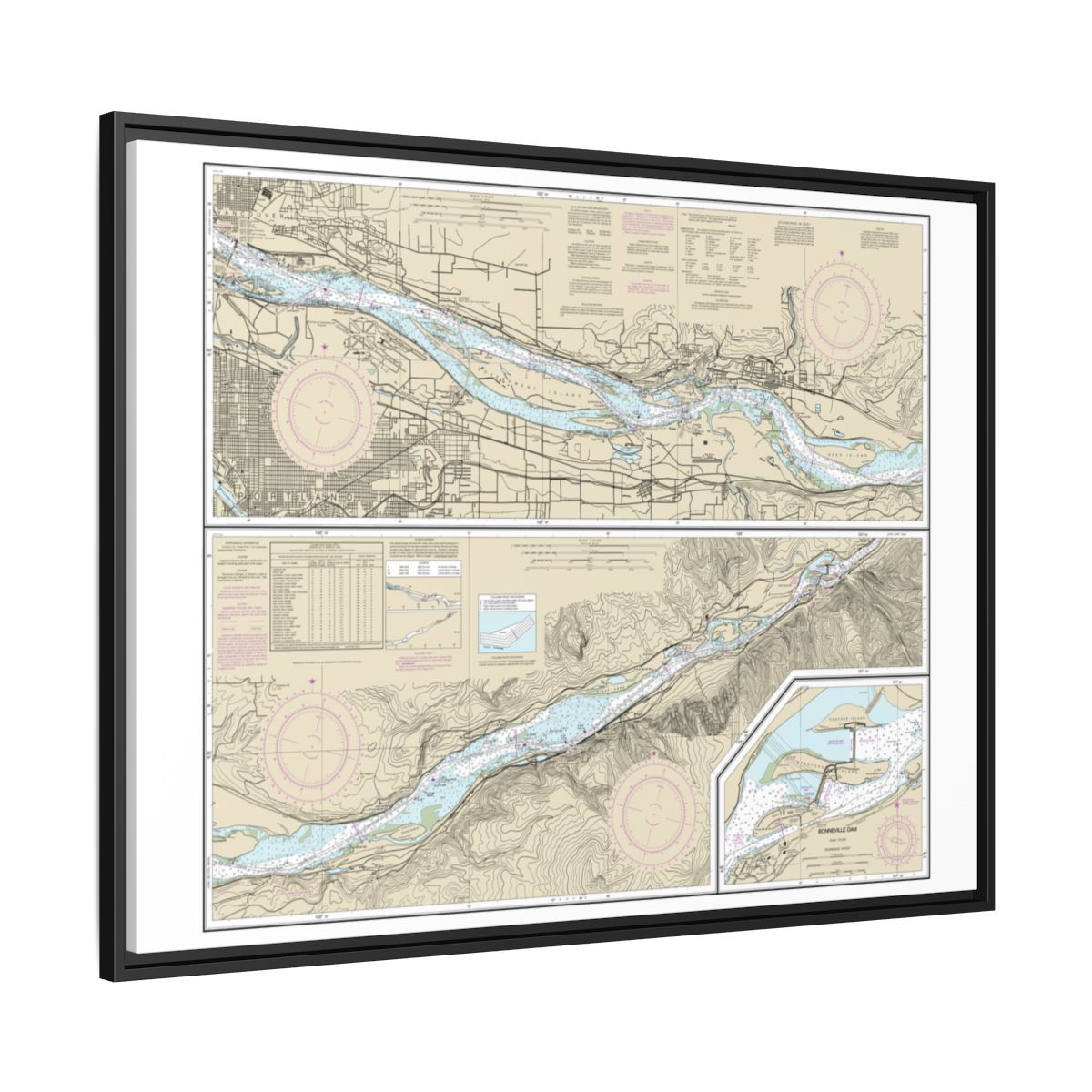 Chart 18531 Columbia River Vancouver to Bonneville; Bonneville Dam - NOAA Nautical Chart Floating Frame Canvas | 32" x 24" | 40" x 30" - Black side
